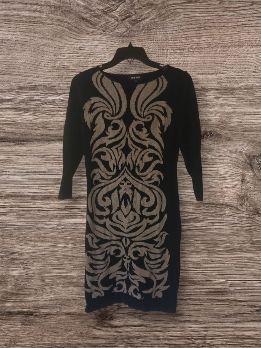 Nine West Women's Sweater Dress XS Black Gray Damask Print 3/4 Sleeve Knit
